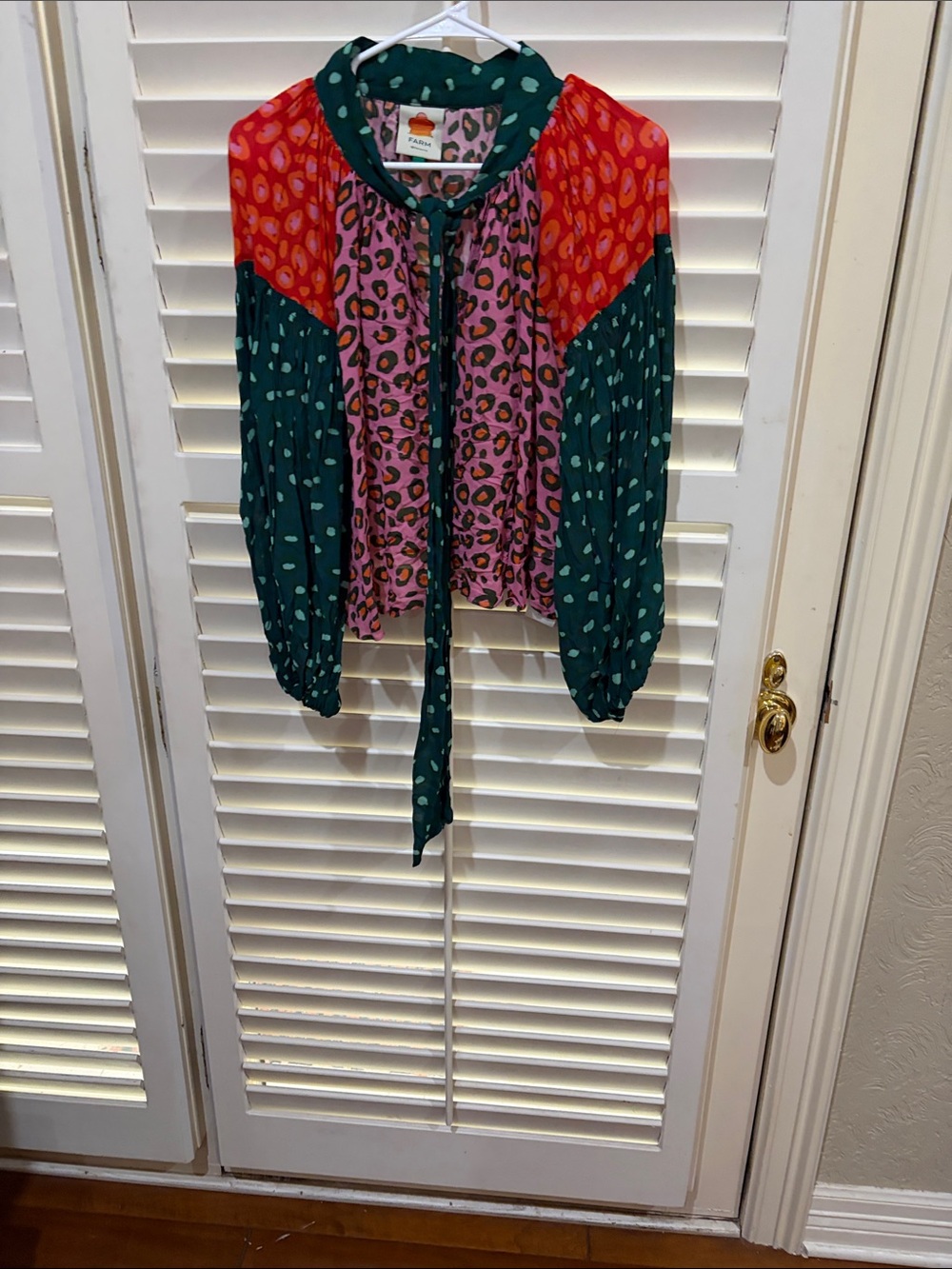 Farm Rio Colorblock Tie-Neck Blouse in Green, Pink & Red. XS
